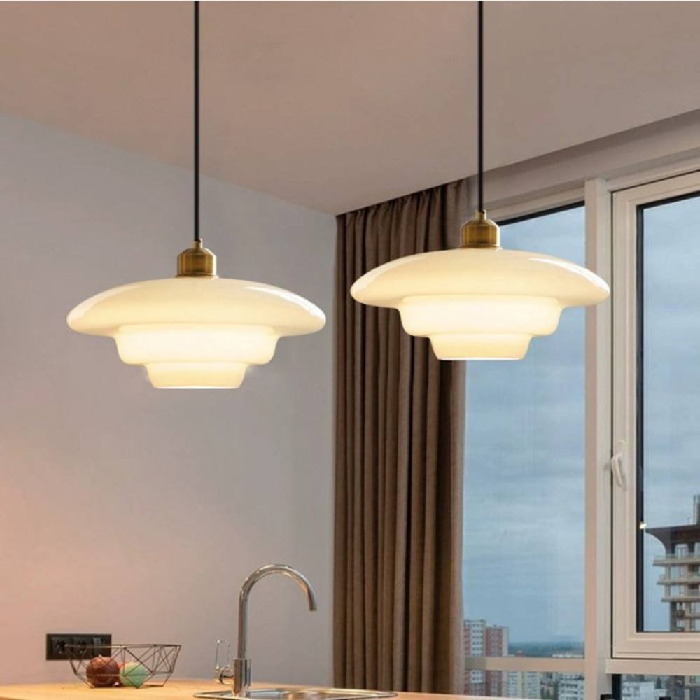 Art Deco Brass-Toned Glass Pendant Light | Adjustable Dome Shade for Dining Room 3