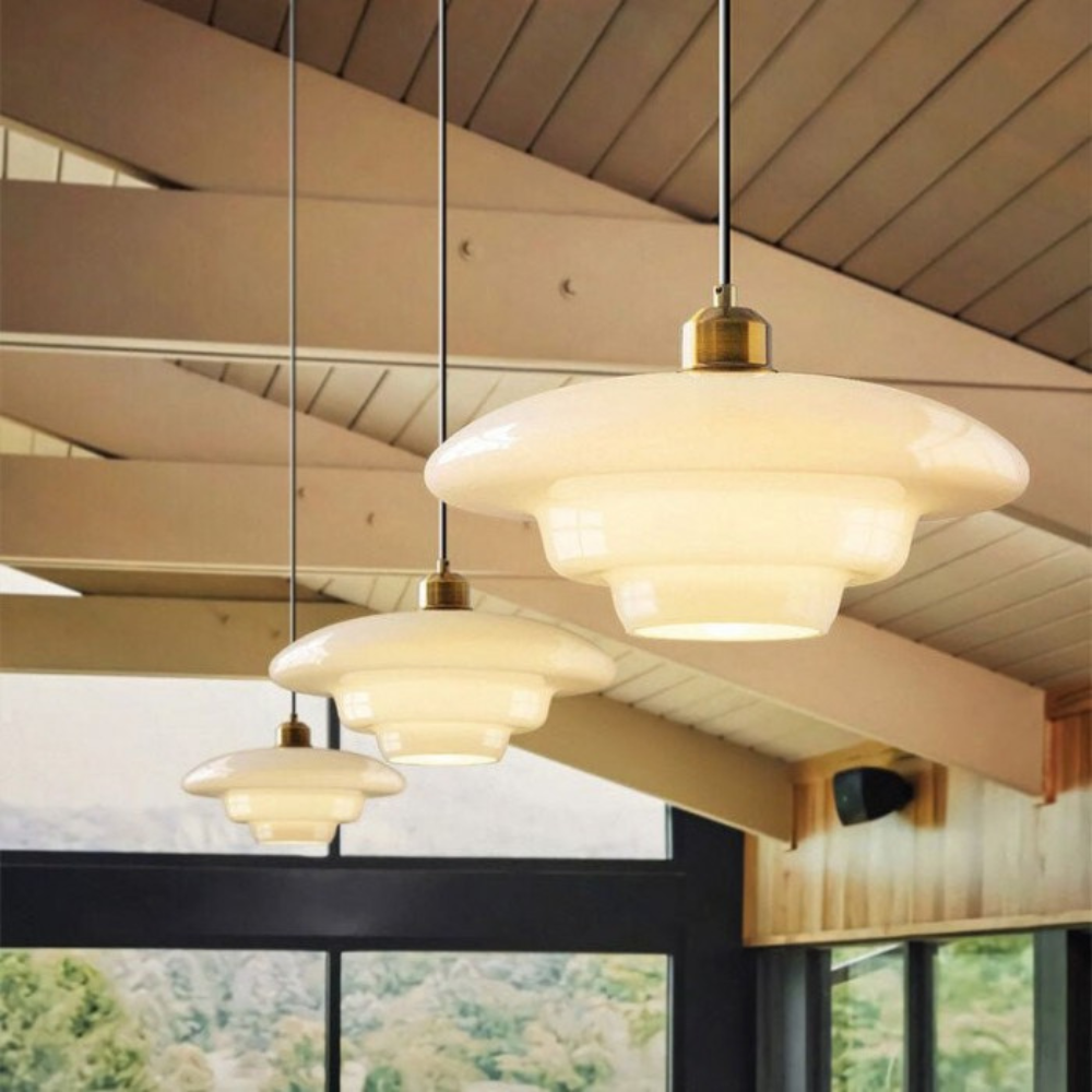 Art Deco Brass-Toned Glass Pendant Light | Adjustable Dome Shade for Dining Room 4