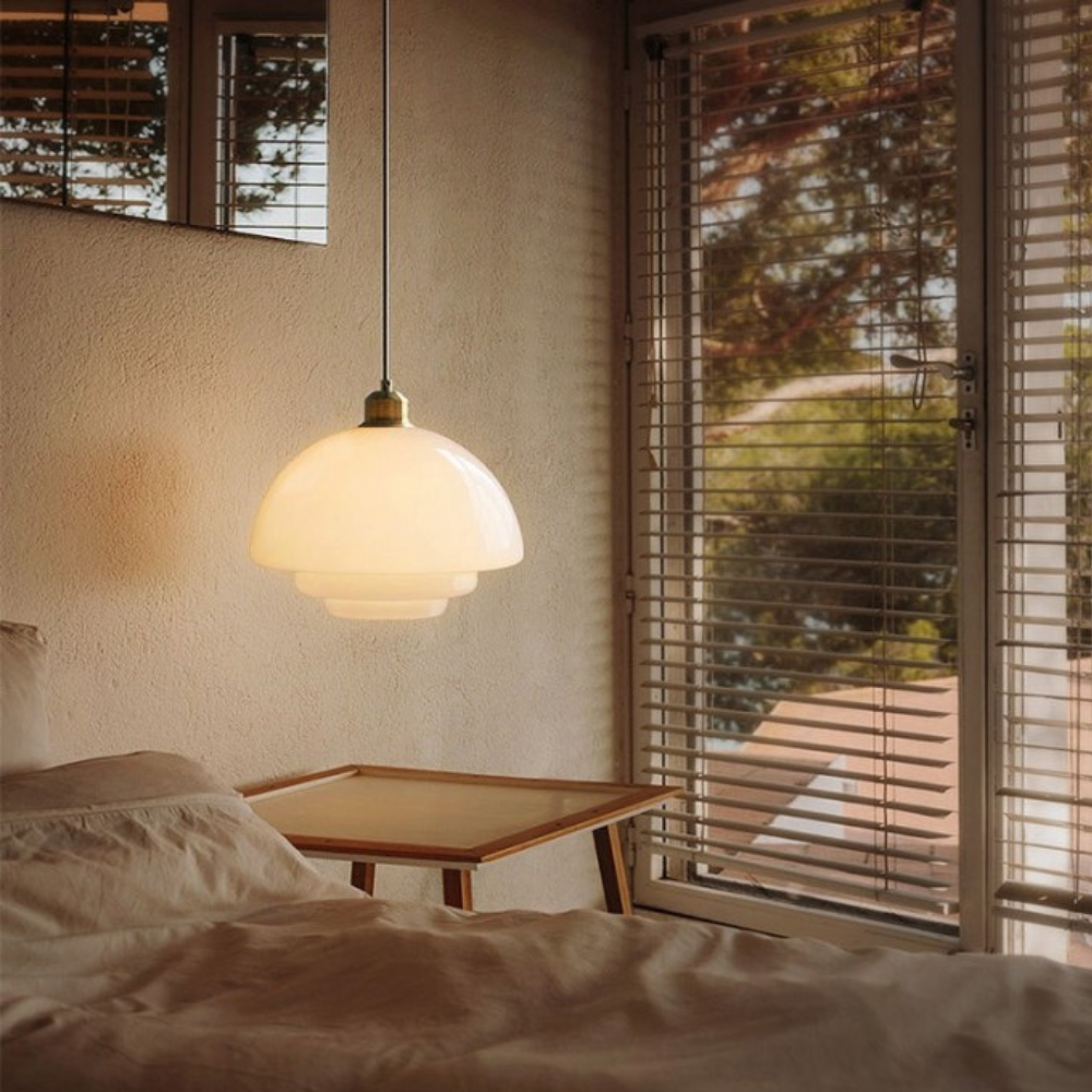 Art Deco Brass-Toned Glass Pendant Light | Adjustable Dome Shade for Dining Room 7
