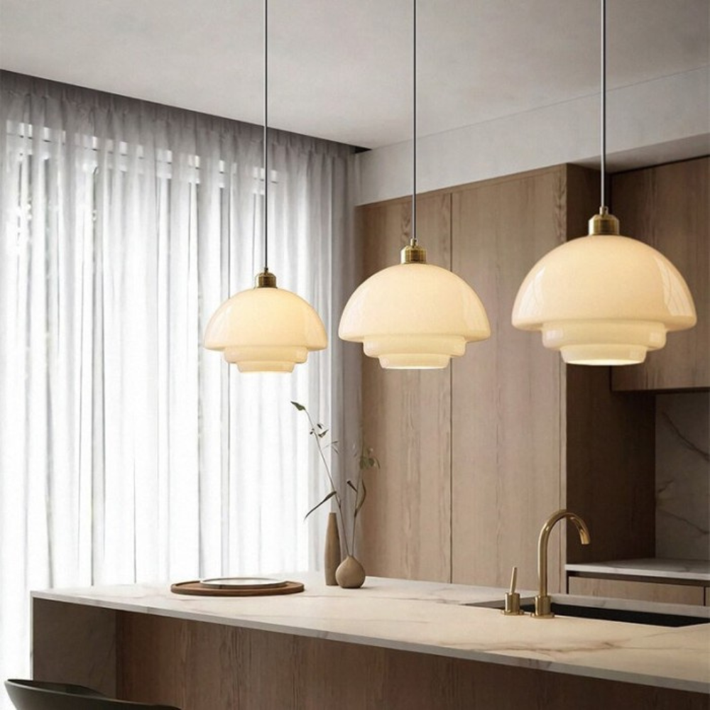 Art Deco Brass-Toned Glass Pendant Light | Adjustable Dome Shade for Dining Room 8
