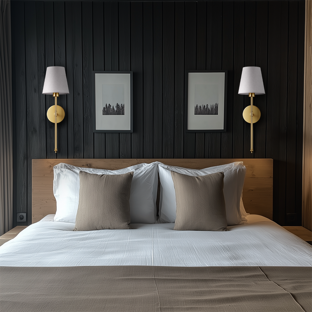 Contemporary Black Metal Battery Operated Wall Sconce | Cordless LED Light with Fabric Shade for Bedroom 1