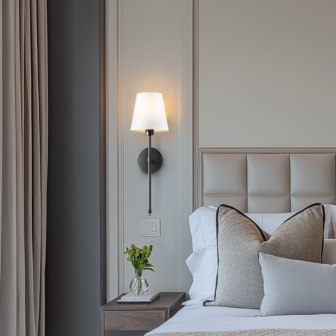 Contemporary Black Metal Battery Operated Wall Sconce | Cordless LED Light with Fabric Shade for Bedroom 4