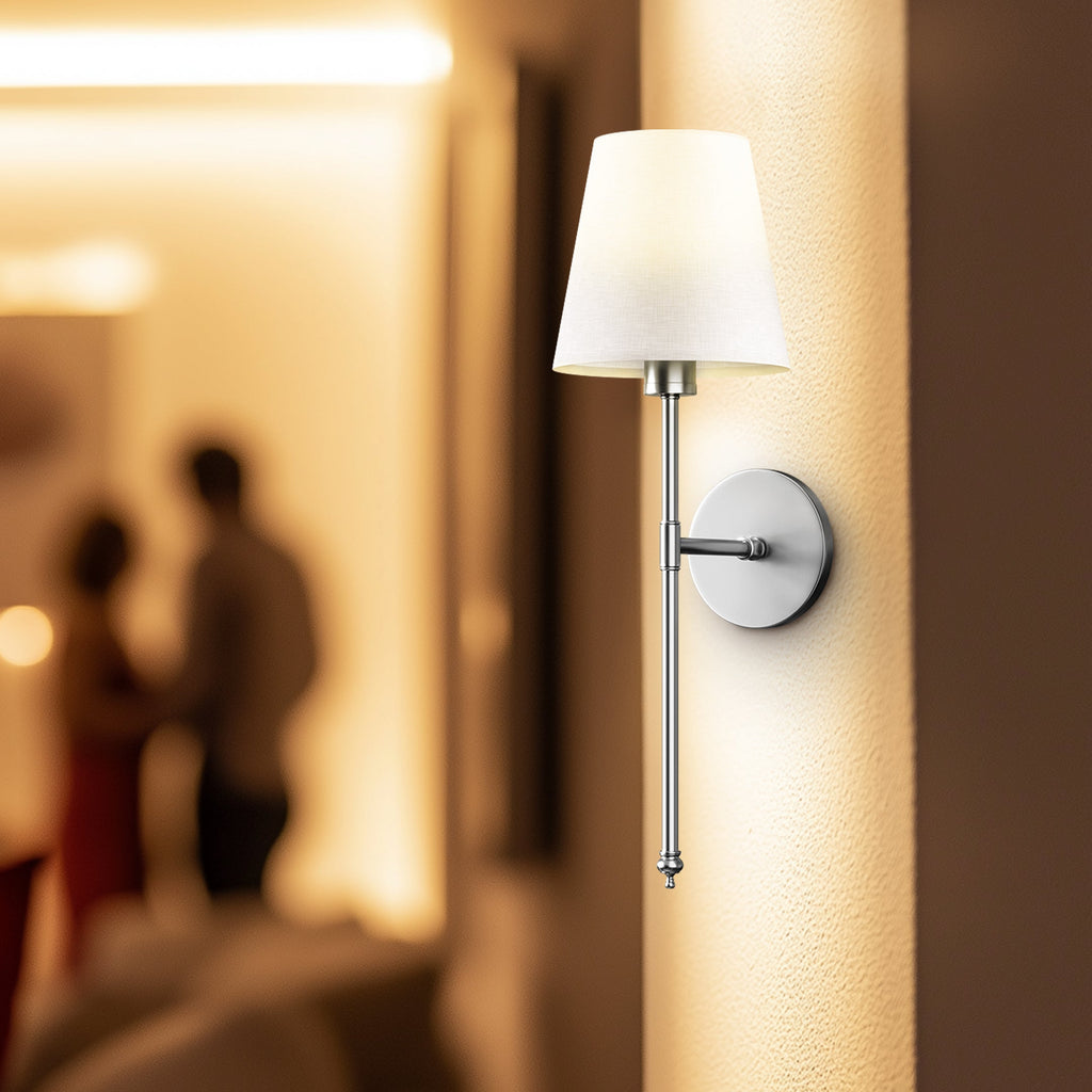 Contemporary Black Metal Battery Operated Wall Sconce | Cordless LED Light with Fabric Shade for Bedroom 7