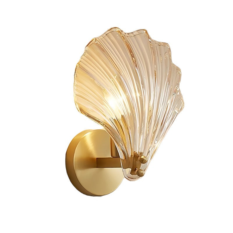 Contemporary Brass Wall Sconce with Glass Seashell Shade | E14 Hardwired Light for Bedroom 0