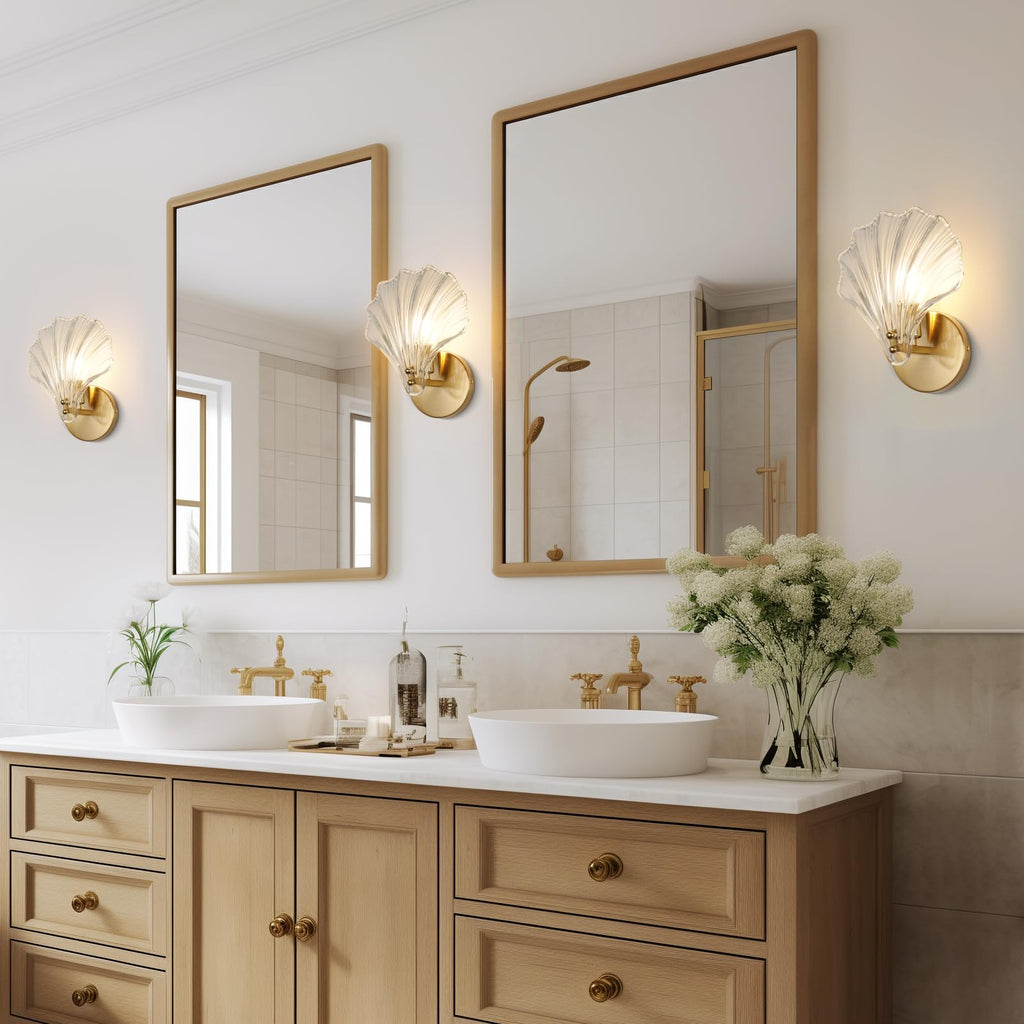 Contemporary Brass Wall Sconce with Glass Seashell Shade | E14 Hardwired Light for Bedroom 1