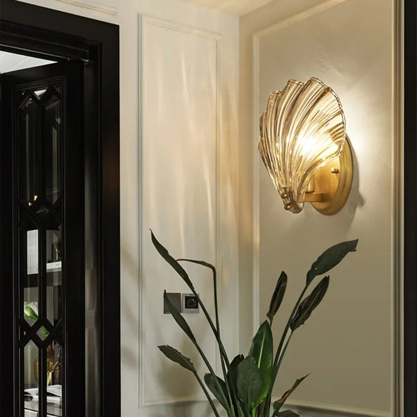 Contemporary Brass Wall Sconce with Glass Seashell Shade | E14 Hardwired Light for Bedroom 2