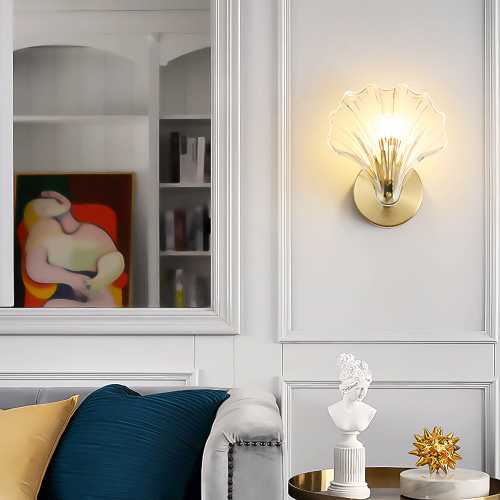 Contemporary Brass Wall Sconce with Glass Seashell Shade | E14 Hardwired Light for Bedroom 3