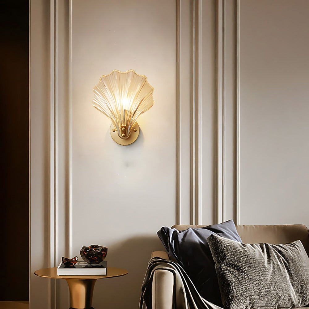 Contemporary Brass Wall Sconce with Glass Seashell Shade | E14 Hardwired Light for Bedroom 4
