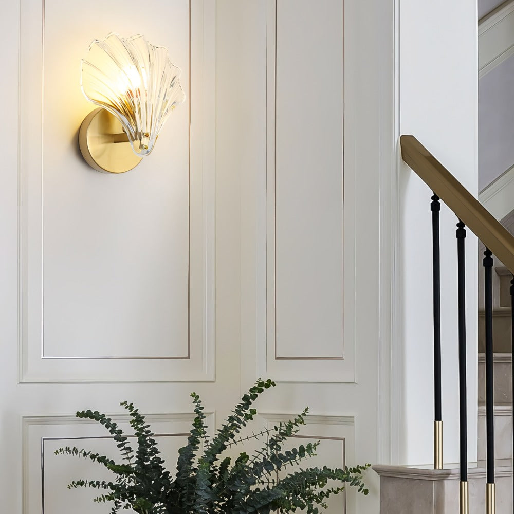 Contemporary Brass Wall Sconce with Glass Seashell Shade | E14 Hardwired Light for Bedroom 5