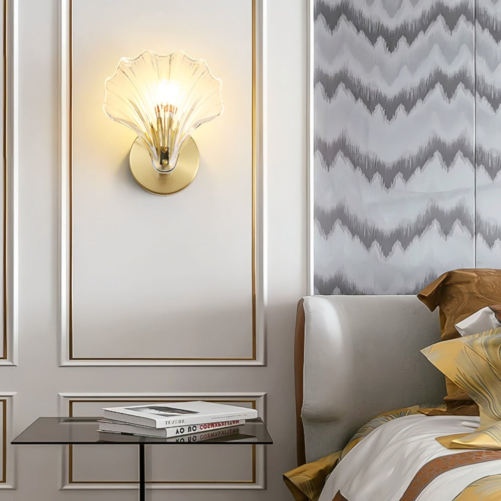Contemporary Brass Wall Sconce with Glass Seashell Shade | E14 Hardwired Light for Bedroom 6