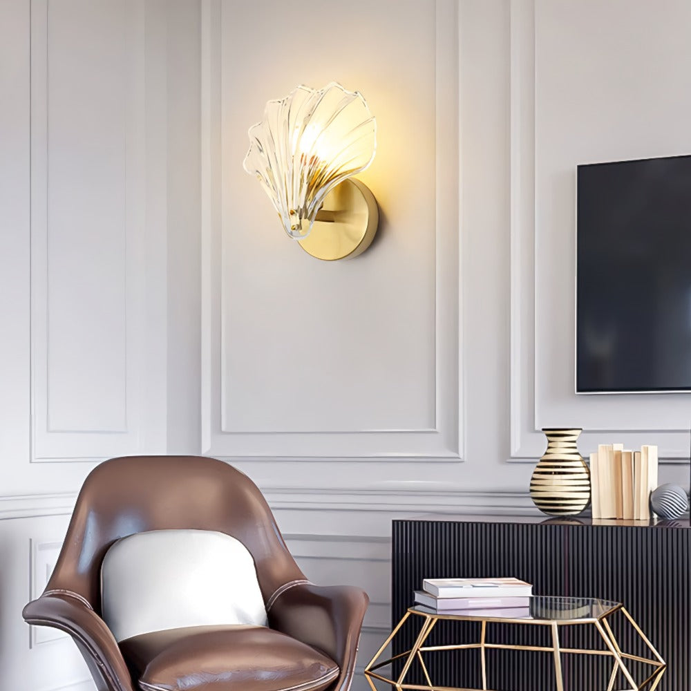Contemporary Brass Wall Sconce with Glass Seashell Shade | E14 Hardwired Light for Bedroom 7