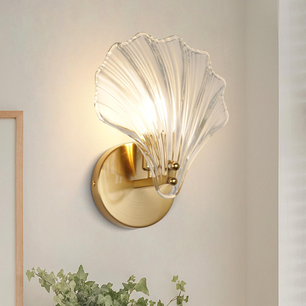 Contemporary Brass Wall Sconce with Glass Seashell Shade | E14 Hardwired Light for Bedroom 8