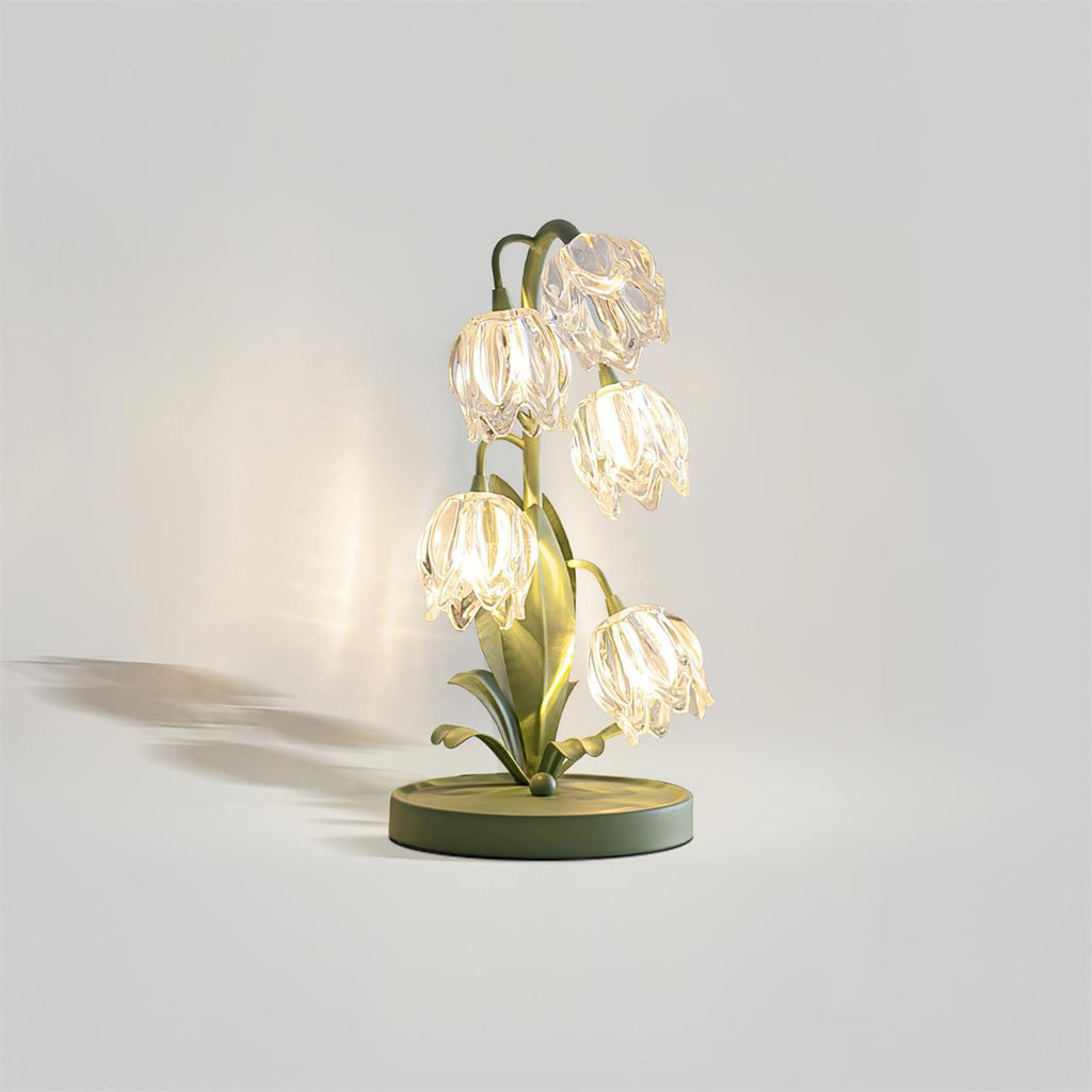 Contemporary Green Metal Table Lamp with Crystal Glass Blossoms | Plug-In Decorative Light for Bedside 0