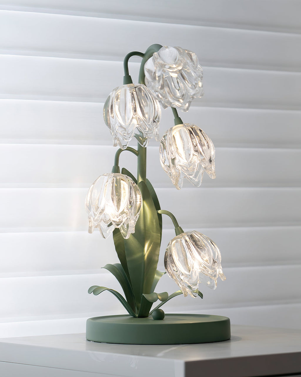 Contemporary Green Metal Table Lamp with Crystal Glass Blossoms | Plug-In Decorative Light for Bedside 3