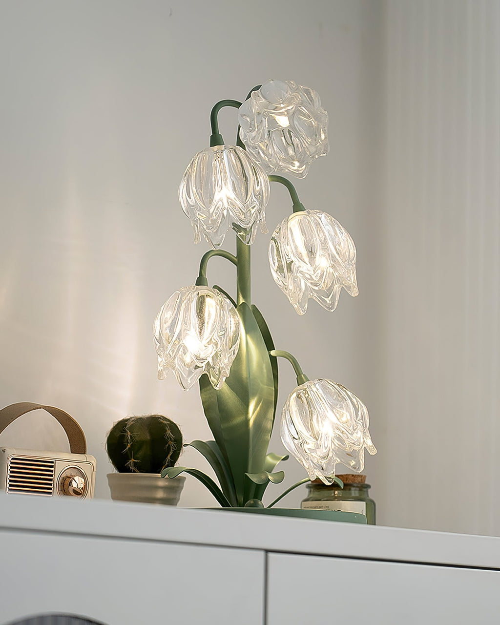 Contemporary Green Metal Table Lamp with Crystal Glass Blossoms | Plug-In Decorative Light for Bedside 4