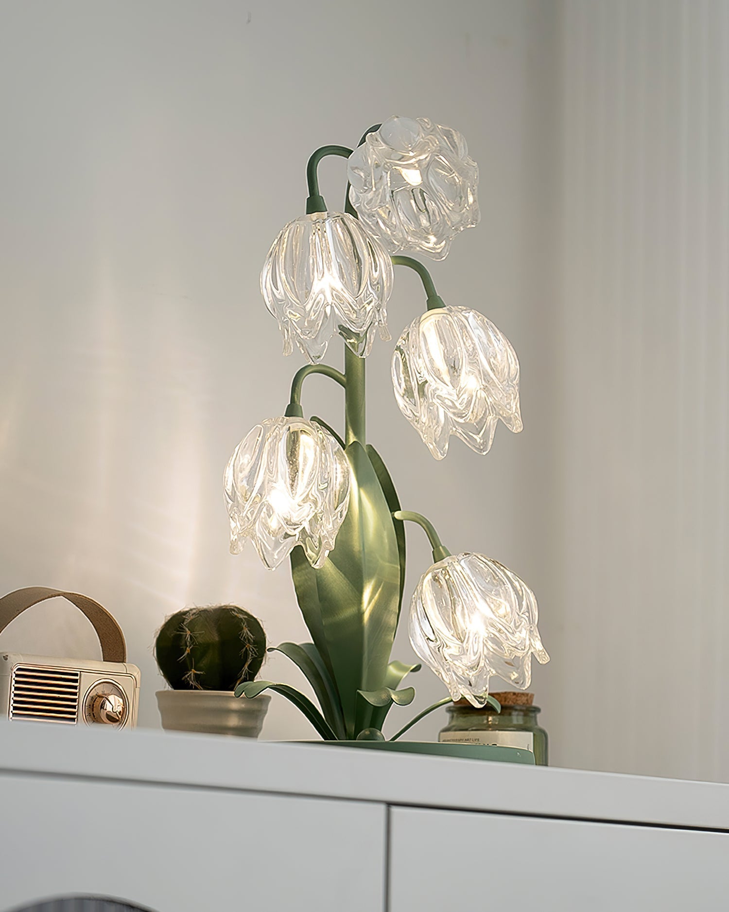 Contemporary Green Metal Table Lamp with Crystal Glass Blossoms | Plug-In Decorative Light for Bedside 4