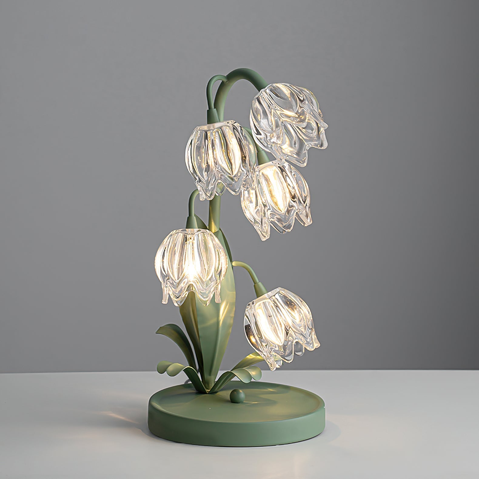 Contemporary Green Metal Table Lamp with Crystal Glass Blossoms | Plug-In Decorative Light for Bedside 5