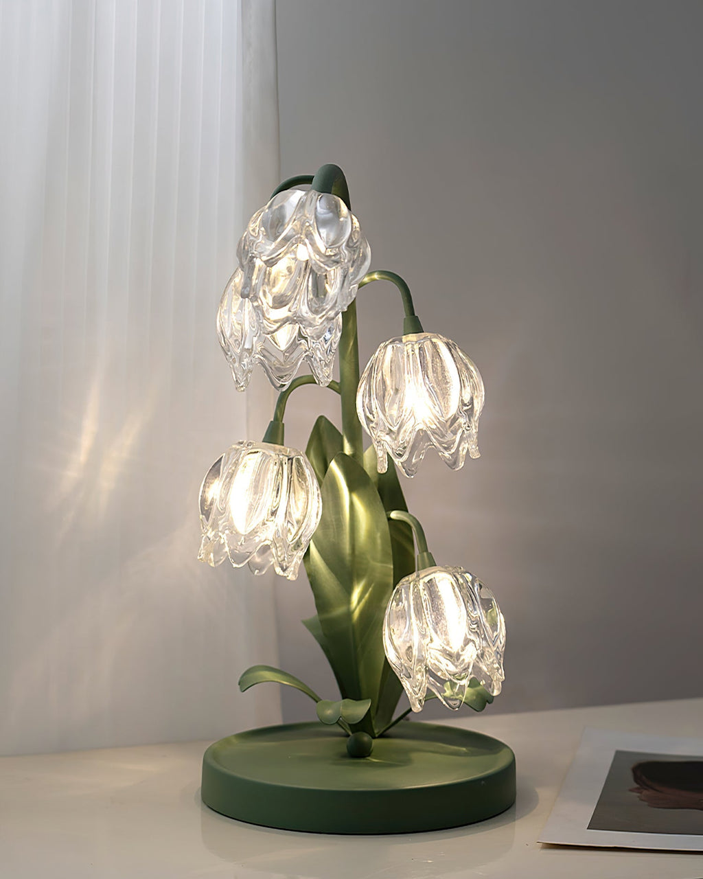 Contemporary Green Metal Table Lamp with Crystal Glass Blossoms | Plug-In Decorative Light for Bedside 6
