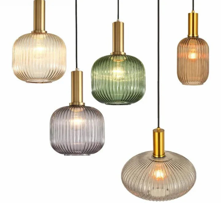 Contemporary Ribbed Glass Pendant Light with Metal Tube Fitting | E27 Bulb Base for Dining Room 1