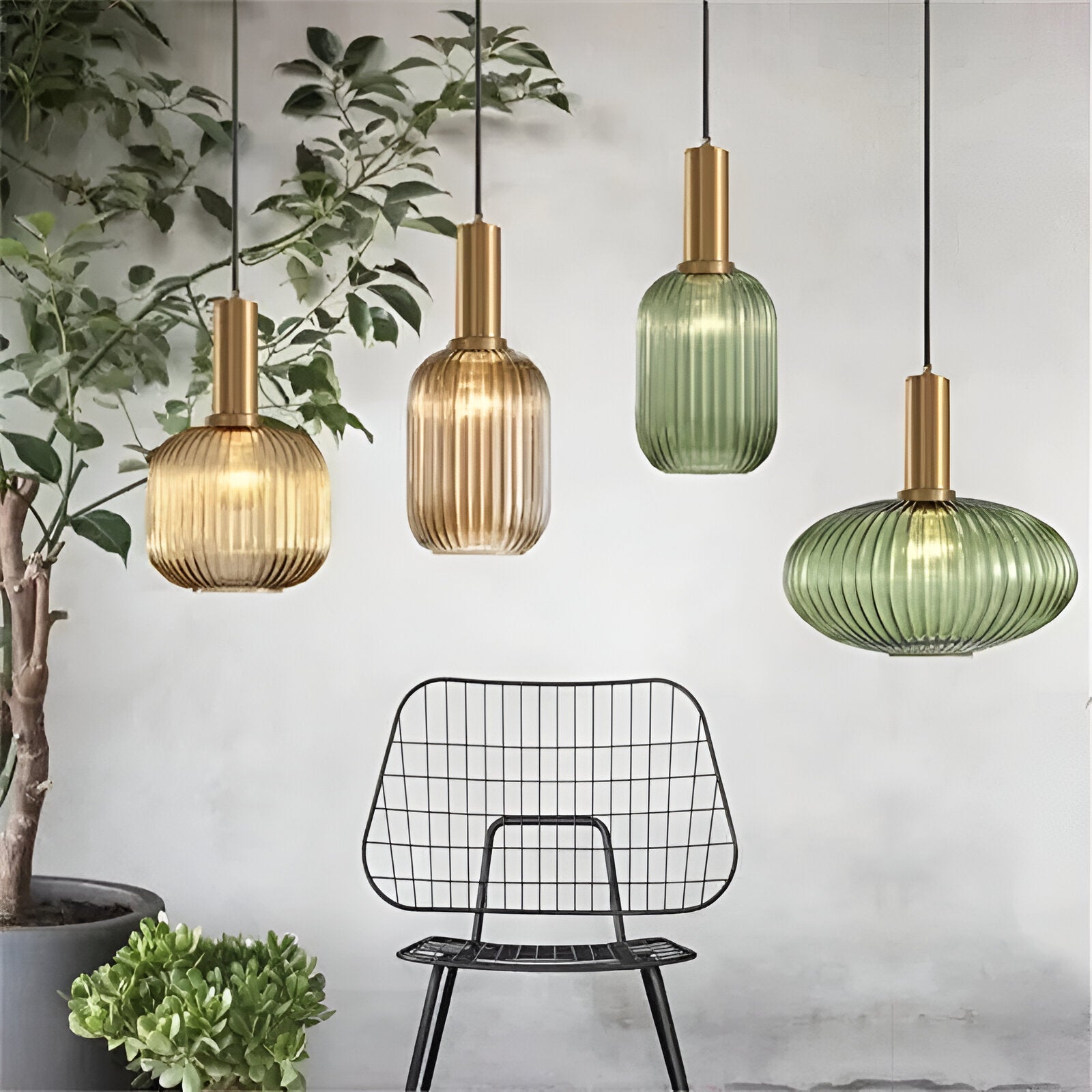 Contemporary Ribbed Glass Pendant Light with Metal Tube Fitting | E27 Bulb Base for Dining Room 2