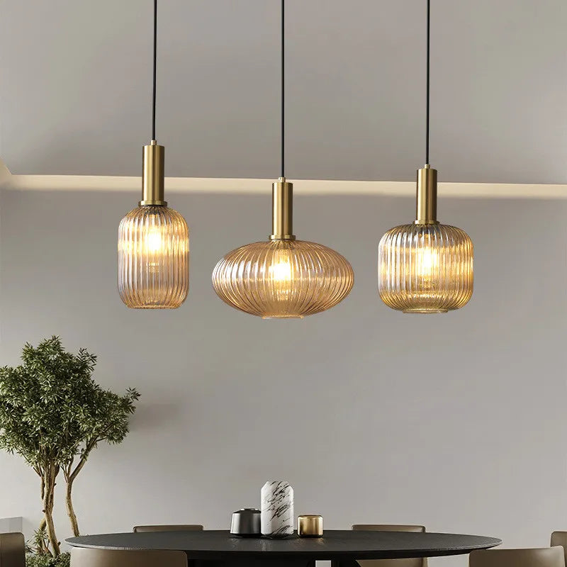 Contemporary Ribbed Glass Pendant Light with Metal Tube Fitting | E27 Bulb Base for Dining Room 5