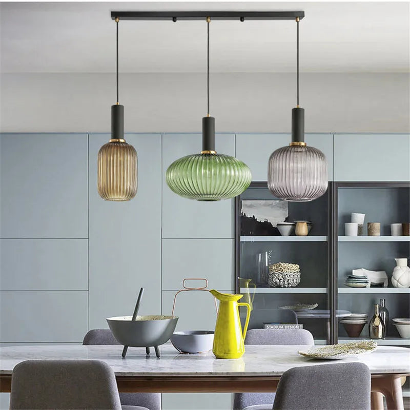 Contemporary Ribbed Glass Pendant Light with Metal Tube Fitting | E27 Bulb Base for Dining Room 6