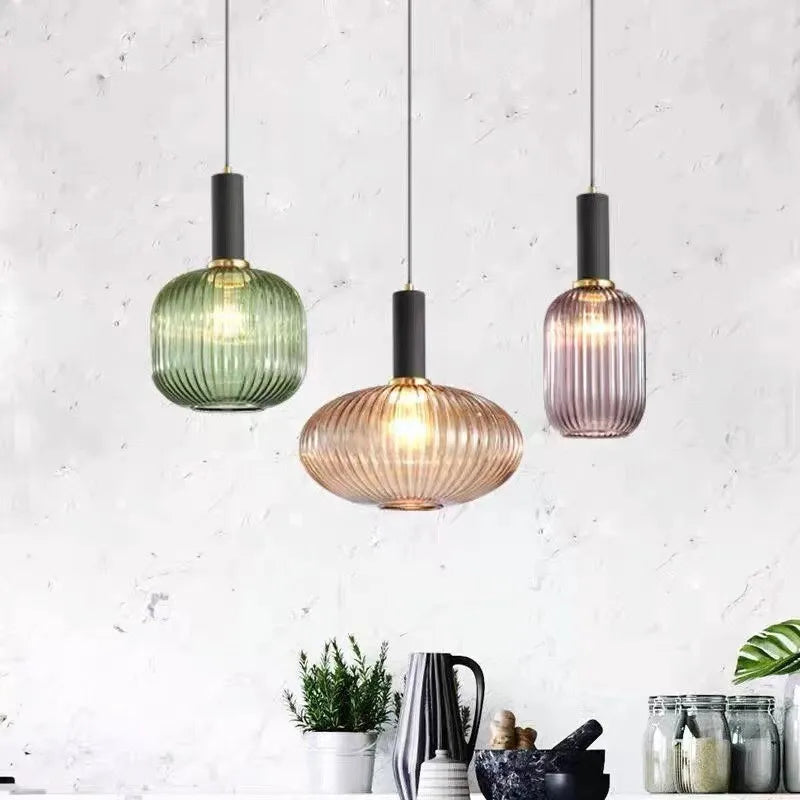 Contemporary Ribbed Glass Pendant Light with Metal Tube Fitting | E27 Bulb Base for Dining Room 7
