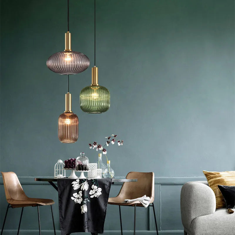 Contemporary Ribbed Glass Pendant Light with Metal Tube Fitting | E27 Bulb Base for Dining Room 8