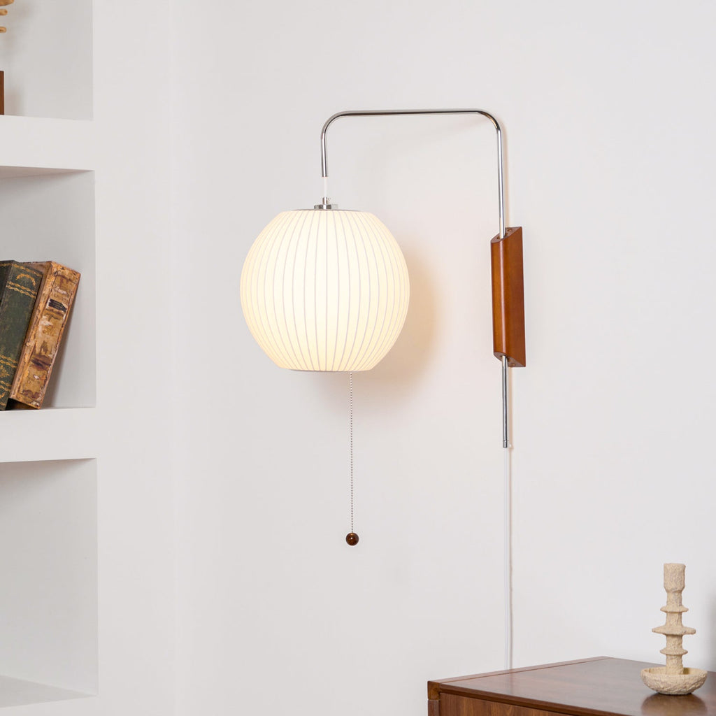 Contemporary Walnut Wall Sconce | Ribbed Polymer Shade Plug-In Light for Bedroom 2