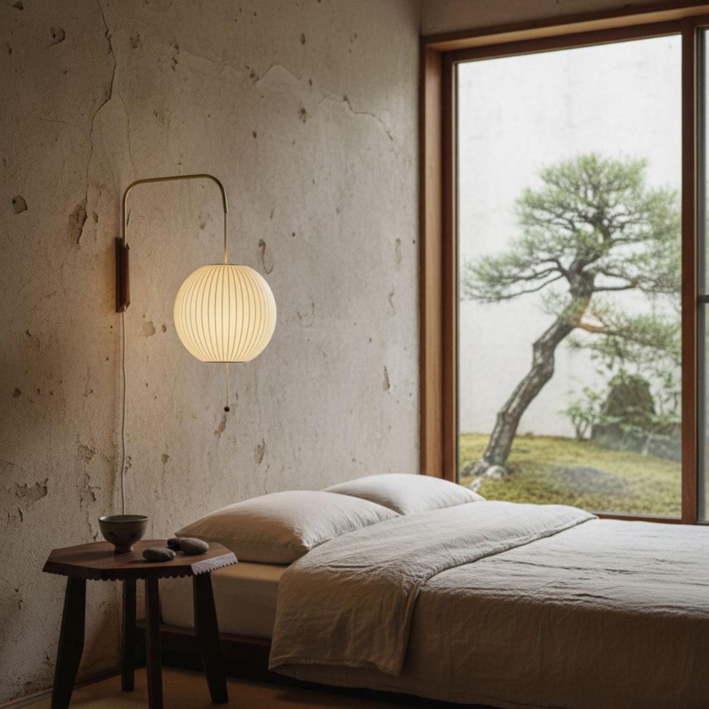 Contemporary Walnut Wall Sconce | Ribbed Polymer Shade Plug-In Light for Bedroom 8