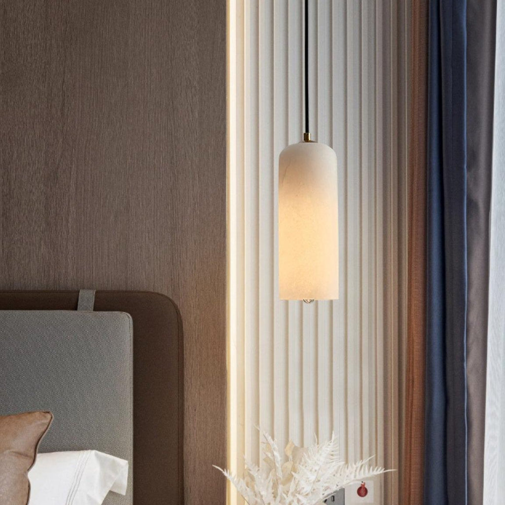 Contemporary White Alabaster Pendant Light with Brass Accents | Hardwired Cylinder Shade for Kitchen or Dining Room 0