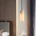 Contemporary White Alabaster Pendant Light with Brass Accents | Hardwired Cylinder Shade for Kitchen or Dining Room 0