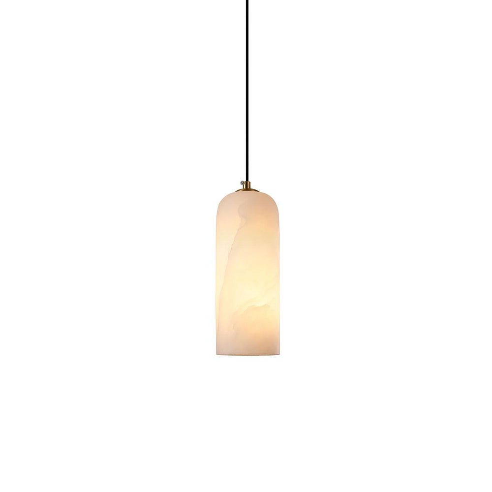 Contemporary White Alabaster Pendant Light with Brass Accents | Hardwired Cylinder Shade for Kitchen or Dining Room 1