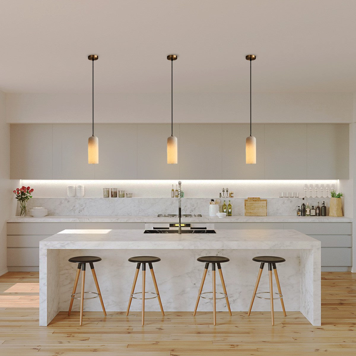 Contemporary White Alabaster Pendant Light with Brass Accents | Hardwired Cylinder Shade for Kitchen or Dining Room 2