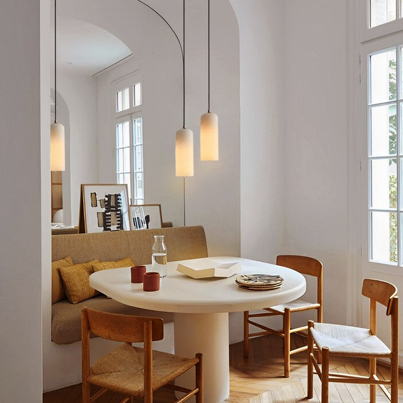 Contemporary White Alabaster Pendant Light with Brass Accents | Hardwired Cylinder Shade for Kitchen or Dining Room 3