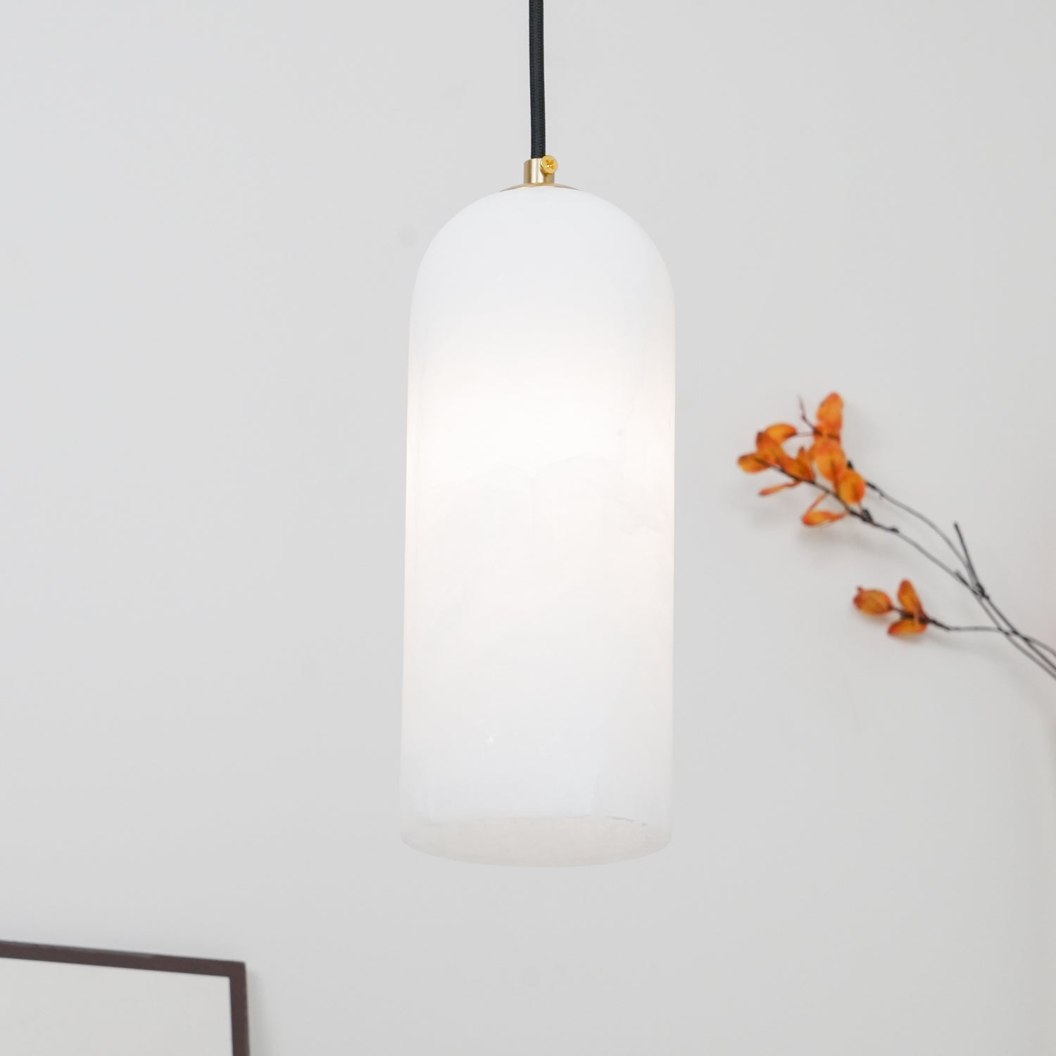 Contemporary White Alabaster Pendant Light with Brass Accents | Hardwired Cylinder Shade for Kitchen or Dining Room 4