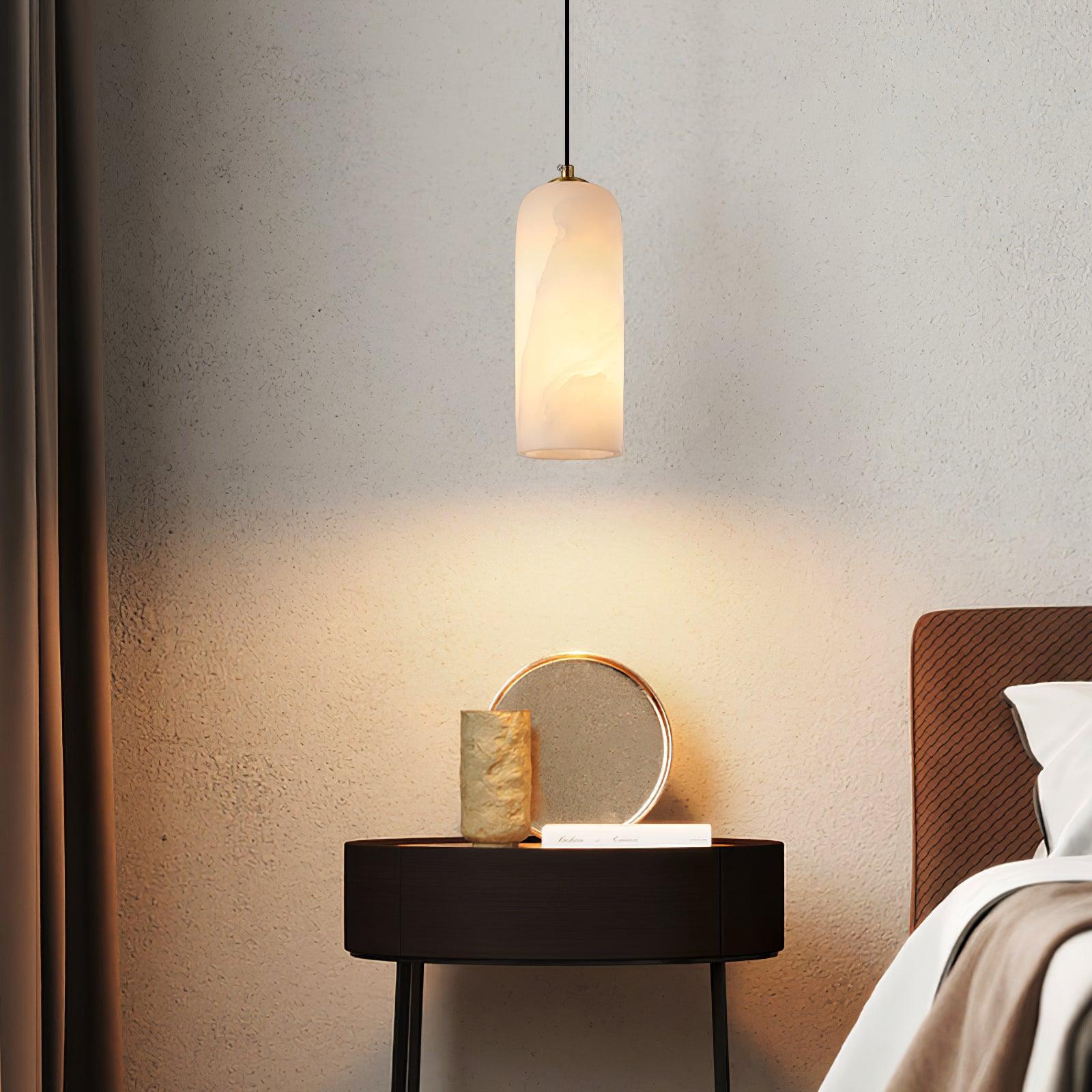 Contemporary White Alabaster Pendant Light with Brass Accents | Hardwired Cylinder Shade for Kitchen or Dining Room 7