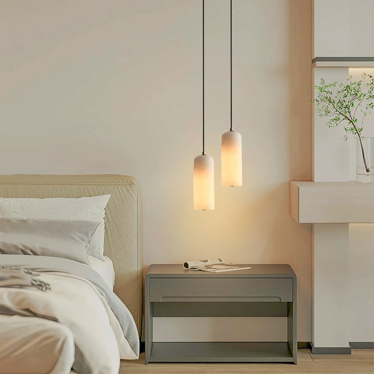 Contemporary White Alabaster Pendant Light with Brass Accents | Hardwired Cylinder Shade for Kitchen or Dining Room 8