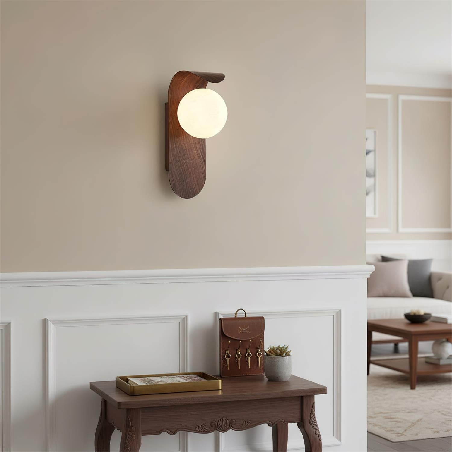 Contemporary Wood-Effect Metal Wall Sconce with Opal Glass Globe | Soft Illumination for Bathroom and Hallway 2
