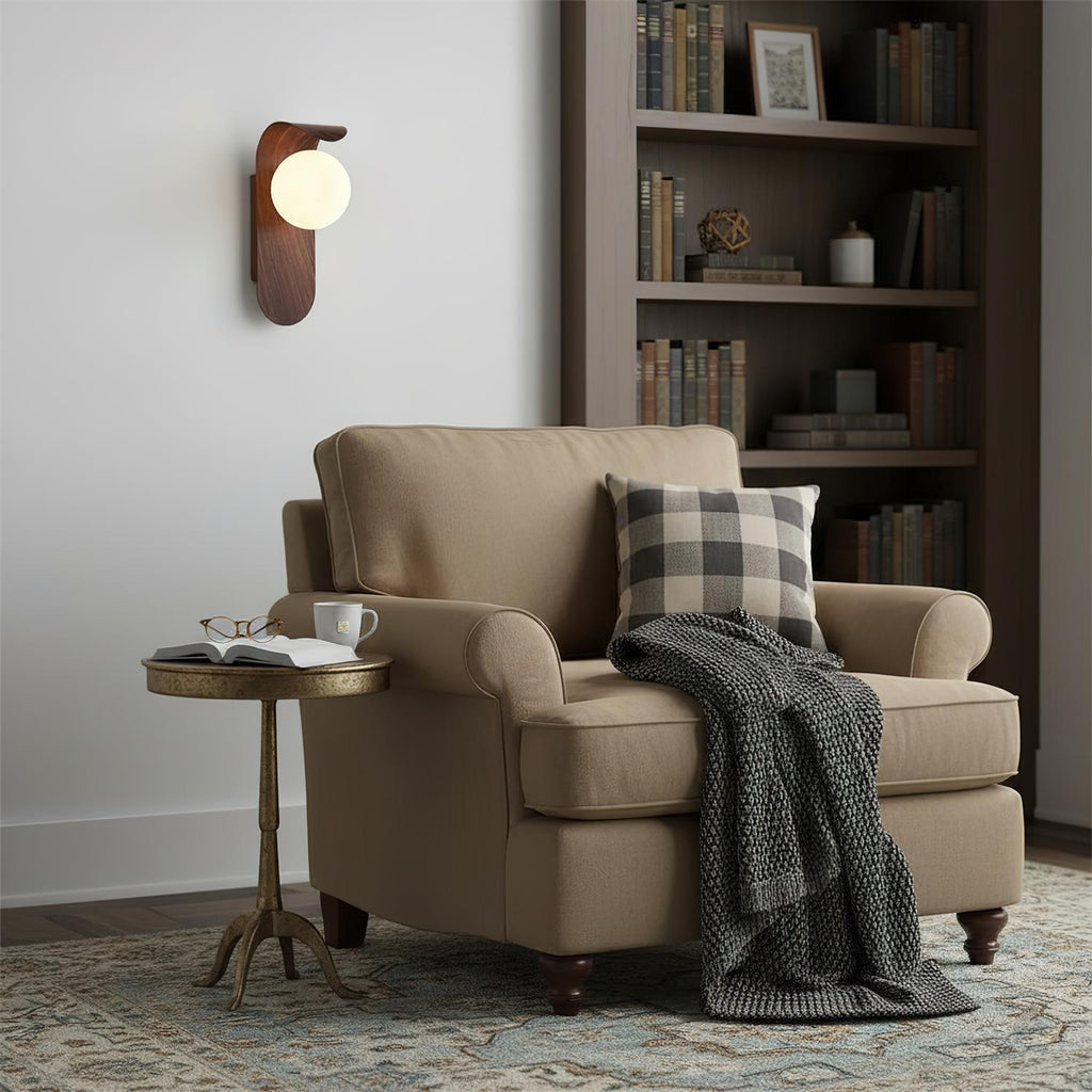 Contemporary Wood-Effect Metal Wall Sconce with Opal Glass Globe | Soft Illumination for Bathroom and Hallway 4
