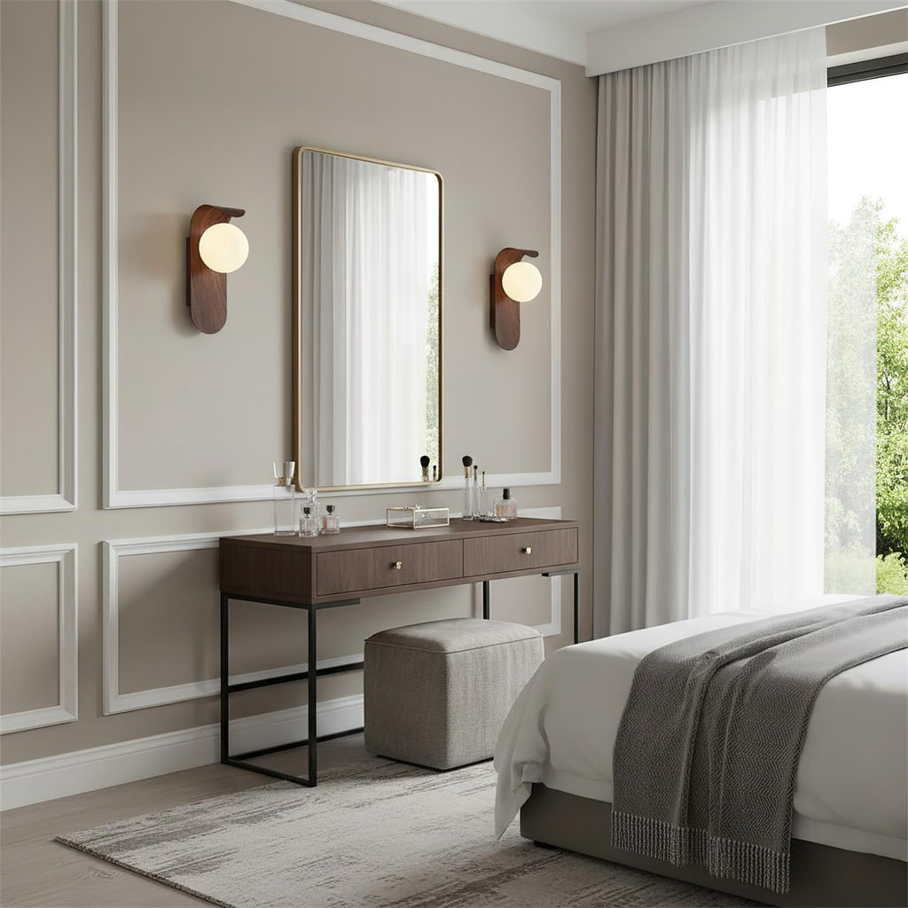 Contemporary Wood-Effect Metal Wall Sconce with Opal Glass Globe | Soft Illumination for Bathroom and Hallway 8
