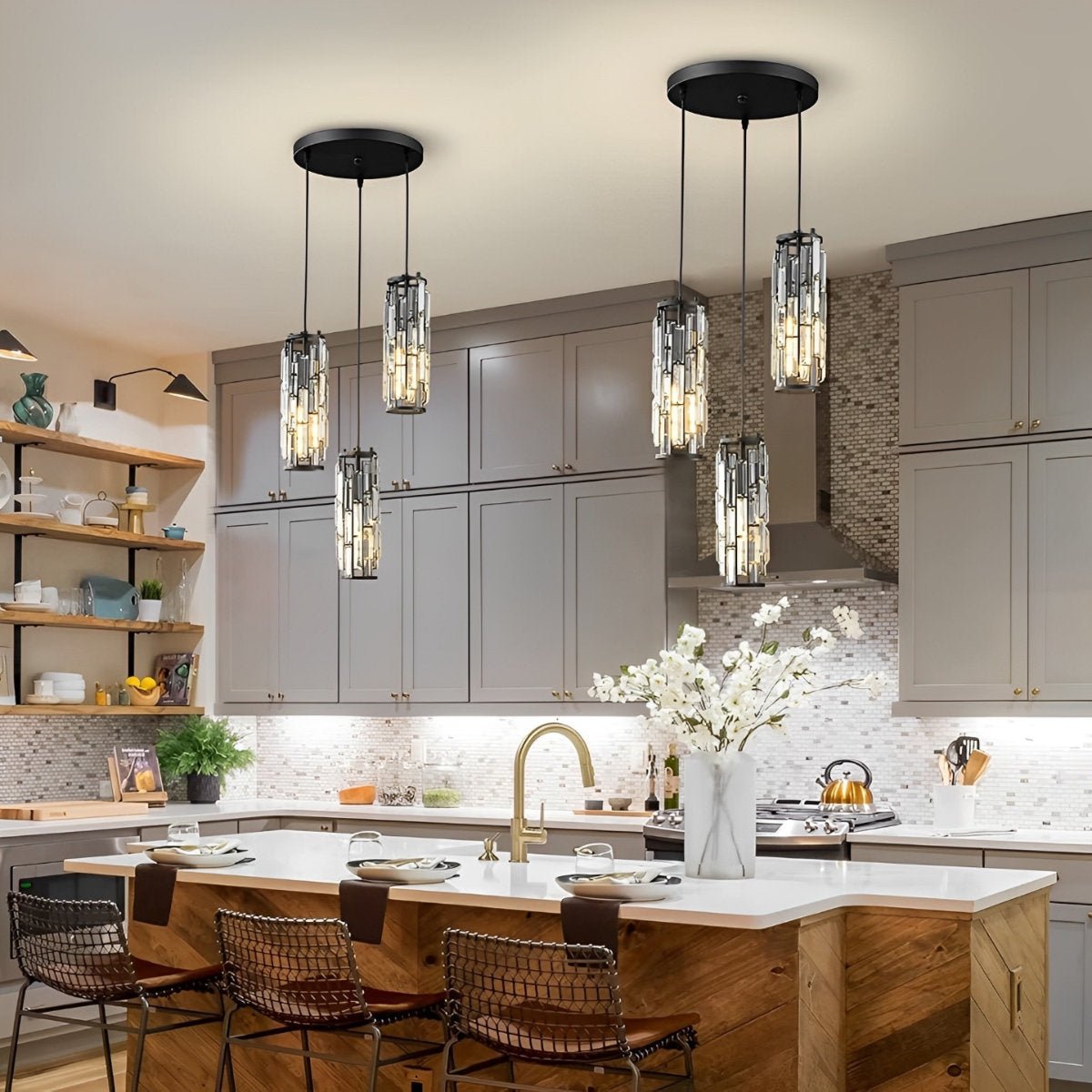Industrial Iron and Crystal Glass Chandelier | Adjustable Warm White Light for Dining Room 4