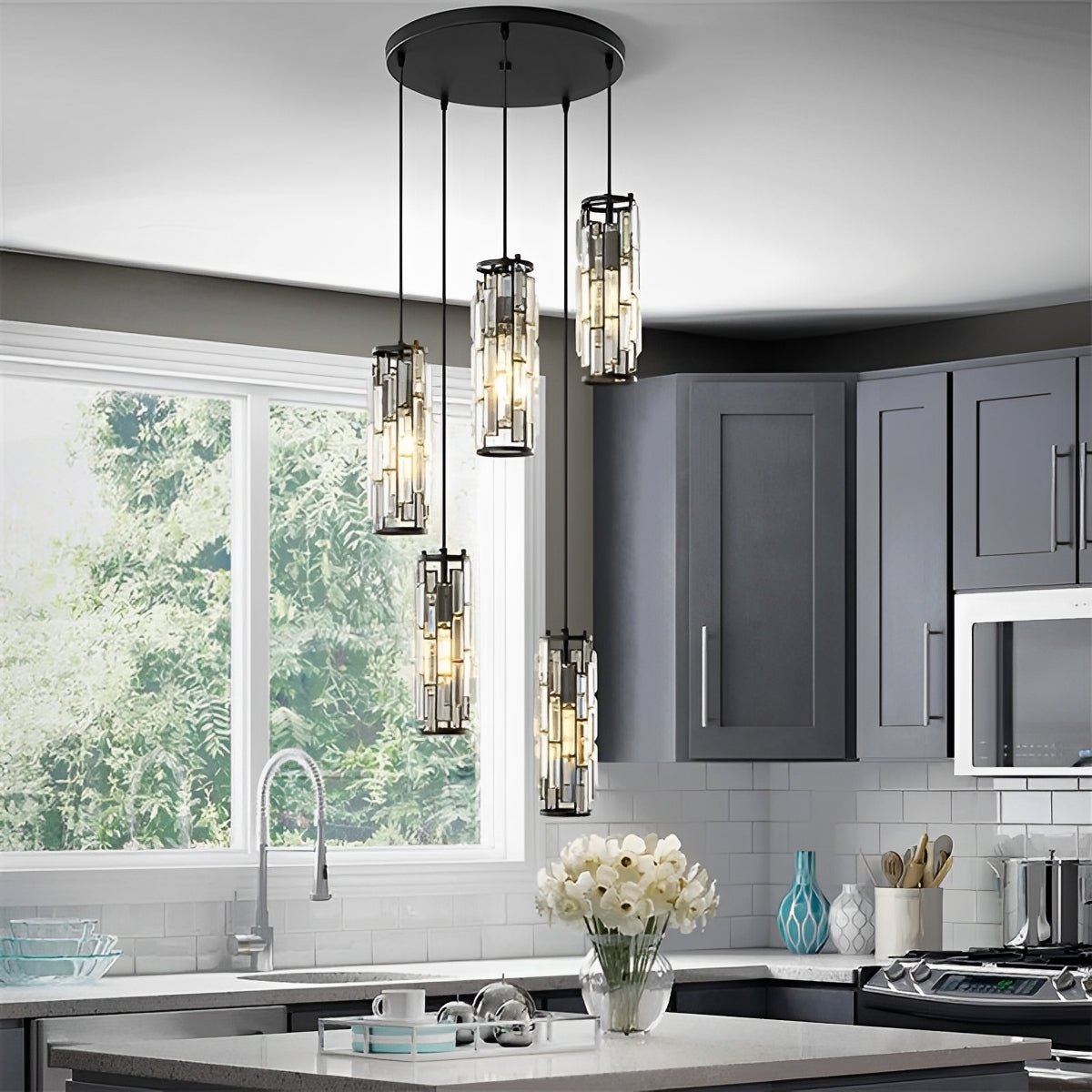 Industrial Iron and Crystal Glass Chandelier | Adjustable Warm White Light for Dining Room 9