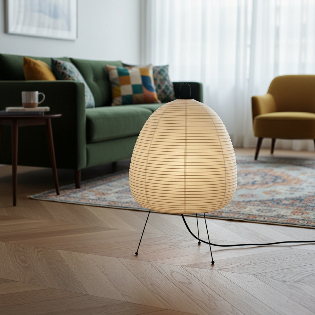 Minimalist Black Metal Tripod Floor Lamp with Rice Paper Shade | Plug-In Ambient Light for Living Room 4