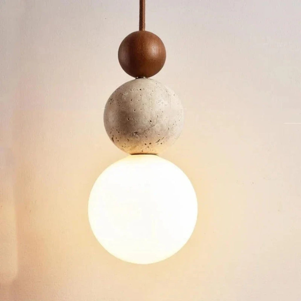 Minimalist Matte Travertine and Wood Pendant Light | Hardwired Warm White Hanging Light for Dining Room 0