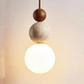 Minimalist Matte Travertine and Wood Pendant Light | Hardwired Warm White Hanging Light for Dining Room 0