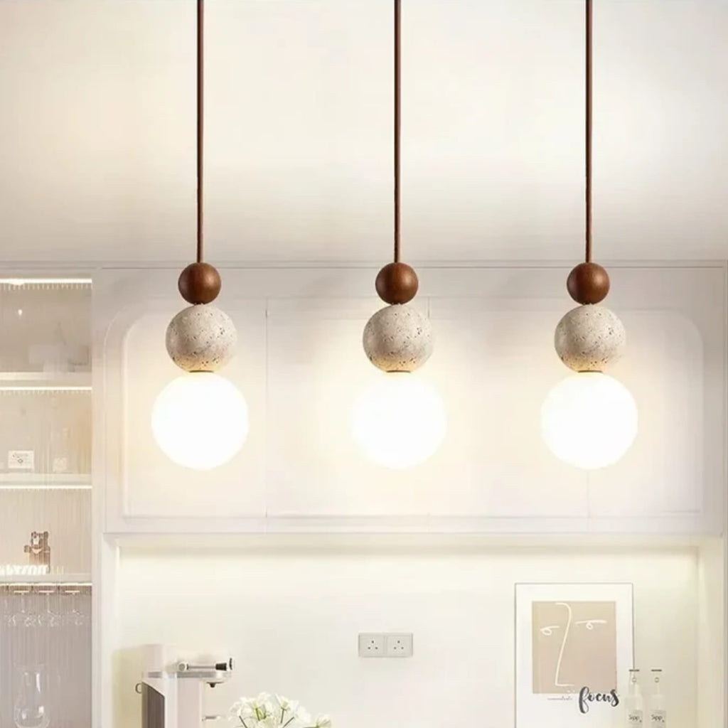 Minimalist Matte Travertine and Wood Pendant Light | Hardwired Warm White Hanging Light for Dining Room 1
