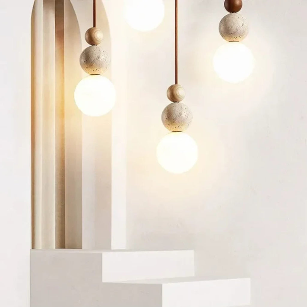 Minimalist Matte Travertine and Wood Pendant Light | Hardwired Warm White Hanging Light for Dining Room 2