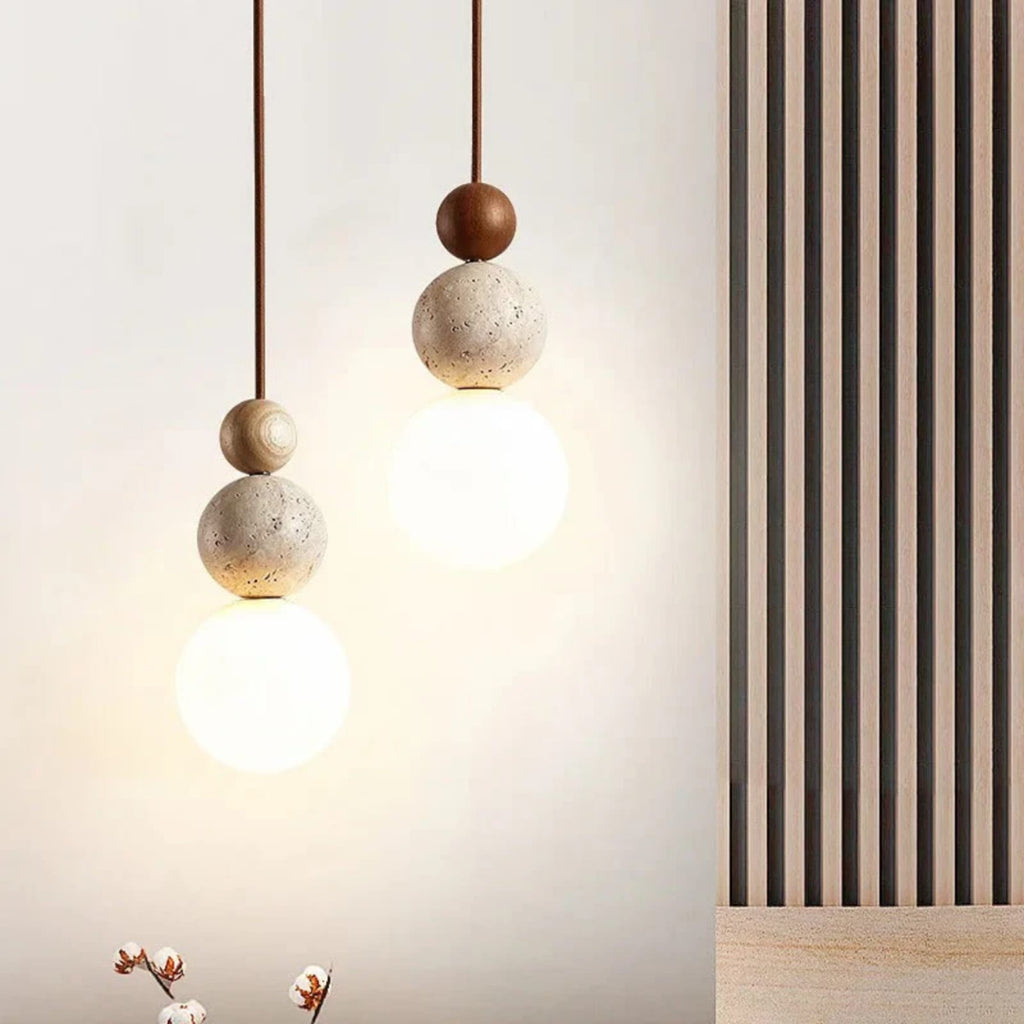 Minimalist Matte Travertine and Wood Pendant Light | Hardwired Warm White Hanging Light for Dining Room 3
