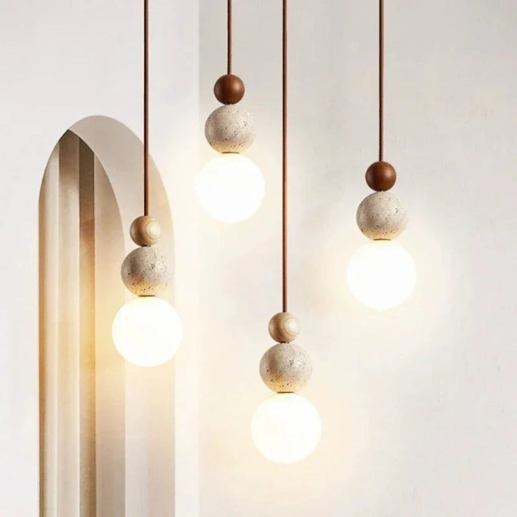 Minimalist Matte Travertine and Wood Pendant Light | Hardwired Warm White Hanging Light for Dining Room 4